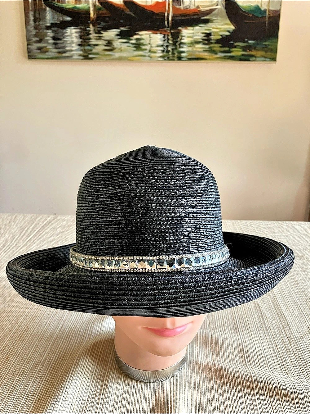 Black Embellished Wide Brim Hat